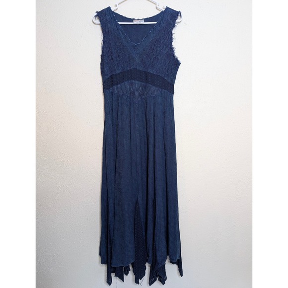 Evette Encounters Dresses & Skirts - Encounter Blue Textured‎ Lace Trimmed Midi Dress One Size Boho Renaissance Fairy